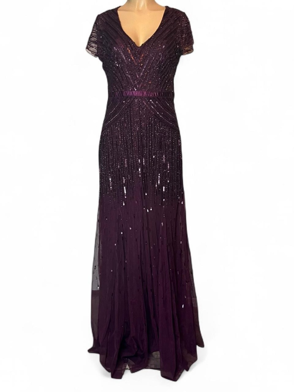 Adrianna Papell Purple Cap Sleeve Beaded Mesh Floor Length Gown Size 12 Cassis